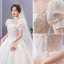 Vintage / Retro Ivory Beading Sequins Lace Flower Wedding Dresses 2021 Ball Gown Scoop Neck Short Sleeve Backless Royal Train Wedding