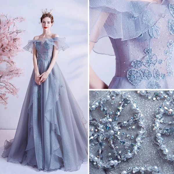 Moderne / Mode Bleu Ciel Volants en Cascade Robe De Bal Bretelles croisées 2021 Princesse De l'épaule Perlage Cristal Perle Faux Diamant Manches Courtes Dos Nu Longue Promo Robe De Ceremonie