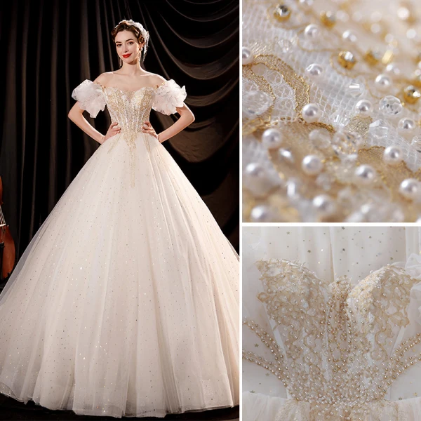 Affordable Charming Ivory Beading Pearl Sequins Wedding Dresses 2021 Ball Gown Off-The-Shoulder Ruffle Short Sleeve Backless Chapel Train Wedding