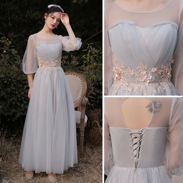 Chic / Beautiful Grey Bridesmaid Dresses 2021 A-Line / Princess Scoop Neck Lace Flower 1/2 Sleeves Backless Floor-Length / Long Bridesmaid Wedding Party Dresses