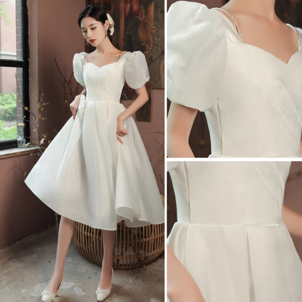 Vintage Ivory / Creme Satin Brautkleider / Hochzeitskleider 2021 A Linie Eckiger Ausschnitt Geschwollenes Kurze Ärmel Rückenfreies Wadenlang Hochzeit