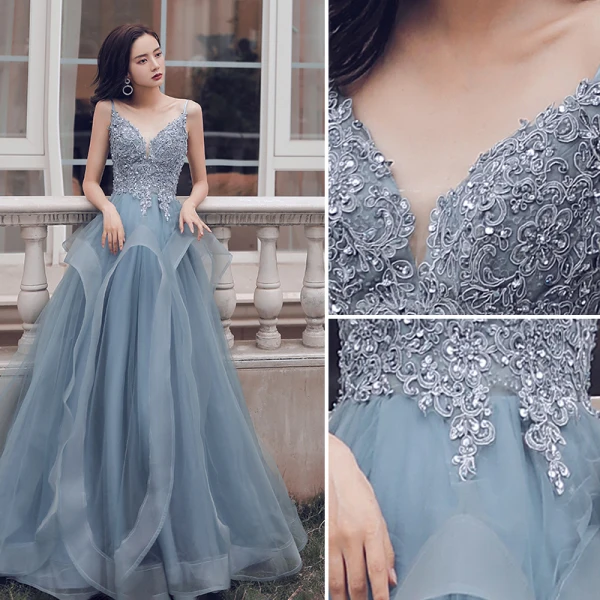 Chic / Belle Bleu Ciel Volants en Cascade Robe De Bal 2021 Princesse Bretelles Spaghetti Perlage En Dentelle Fleur Sans Manches Dos Nu Longue Promo Robe De Ceremonie
