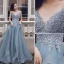 Chic / Belle Bleu Ciel Volants en Cascade Robe De Bal 2021 Princesse Bretelles Spaghetti Perlage En Dentelle Fleur Sans Manches Dos Nu Longue Promo Robe De Ceremonie