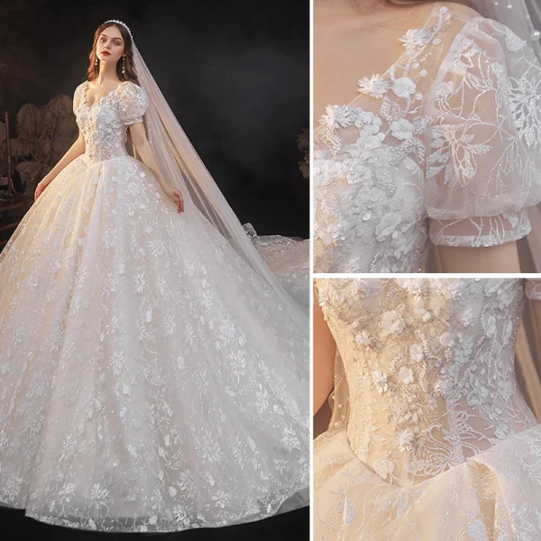 Victorian Style Ivory Lace Flower Wedding Dresses 2021 V-Neck Short Sleeve Backless Royal Train Wedding