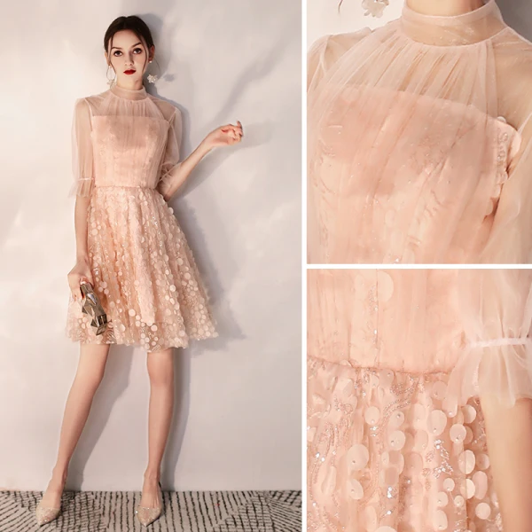 Modern / Fashion Pearl Pink Homecoming Graduation Dresses 2019 A-Line / Princess High Neck Appliques Sequins 1/2 Sleeves Knee-Length Formal Dresses
