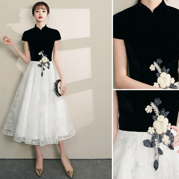 Chinese style Black Homecoming Graduation Dresses 2019 A-Line / Princess High Neck Lace Flower Star Short Sleeve Tea-length Formal Dresses