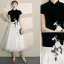Chinese style Black Homecoming Graduation Dresses 2019 A-Line / Princess High Neck Lace Flower Star Short Sleeve Tea-length Formal Dresses