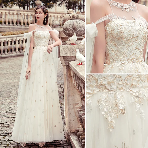 Modern / Fashion Champagne Evening Dresses 2019 A-Line / Princess Scoop Neck Pearl Lace Flower Sequins Sleeveless Backless Floor-Length / Long Formal Dresses