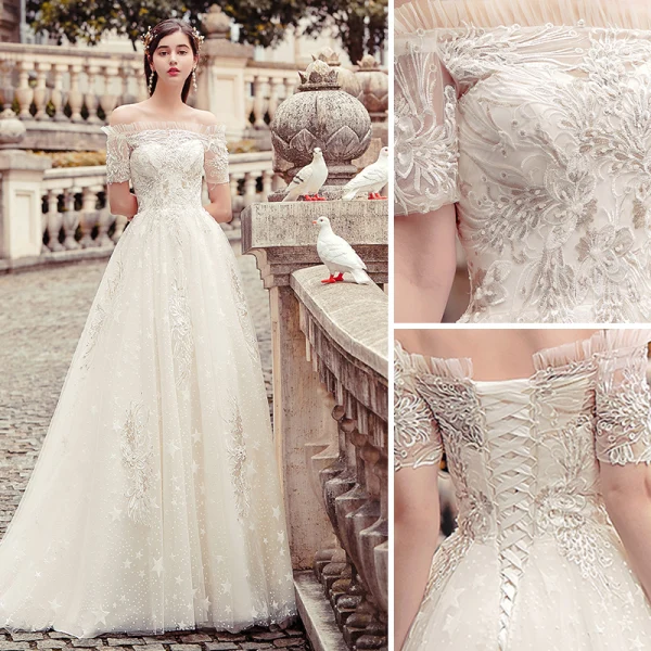 Chic / Beautiful Champagne Wedding Dresses 2019 A-Line / Princess Off-The-Shoulder Star Beading Lace Flower Short Sleeve Backless Floor-Length / Long