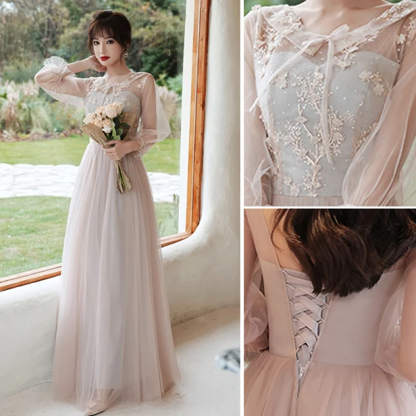 Fashion Blushing Pink Bridesmaid Dresses 2021 A-Line / Princess Scoop Neck Lace Flower Appliques 3/4 Sleeve Backless Floor-Length / Long Wedding Party Dresses