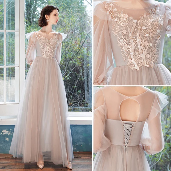 Élégant Champagne Robe De Mariée 2018 Princesse En Dentelle Appliques Encolure Dégagée Dos Nu Manches Courtes Chapel Train Mariage