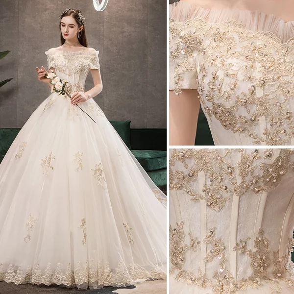 Élégant Champagne Robe De Mariée 2019 Princesse De l'épaule Perle Paillettes En Dentelle Fleur Manches Courtes Chapel Train