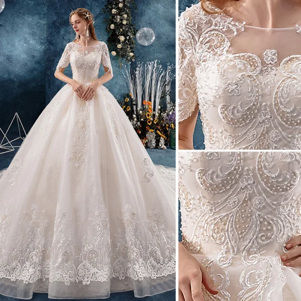 Classy Ivory Wedding Dresses 2019 A-Line / Princess Scoop Neck Beading Sequins Pearl Lace Flower Short Sleeve Backless Cathedral Train