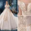 Stilig Champagne Bröllopsklänningar 2019 Prinsessa Av Axeln Beading Rhinestone Paljetter Spets Blomma Korta ärm Halterneck Royal Train