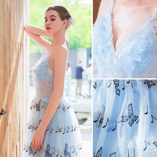 Charming Sky Blue Evening Dresses  2019 A-Line / Princess Spaghetti Straps Butterfly Appliques Sleeveless Backless Floor-Length / Long Formal Dresses