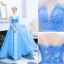 Elegante Blau Abendkleider 2019 A Linie Rundhalsausschnitt Perlenstickerei Pailletten Star Kurze Ärmel Rückenfreies Sweep / Pinsel Zug Festliche Kleider