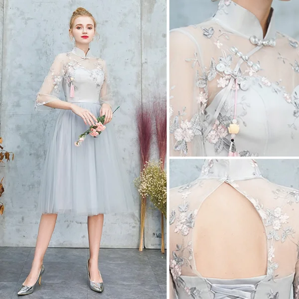 Chinese style Grey Embroidered Bridesmaid Dresses 2021 A-Line / Princess High Neck Short Sleeve Backless Tea-length Bridesmaid Wedding Party Dresses