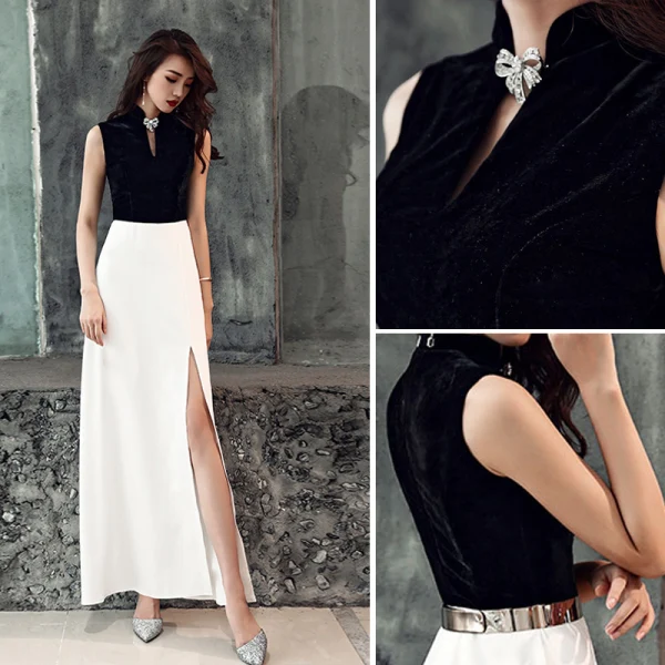 Schlicht Chinesischer Stil Weiß Schwarz Abendkleider 2019 A Linie Stehkragen Strass Schleife Stoffgürtel Ärmellos Gespaltete Front Knöchellänge Festliche Kleider
