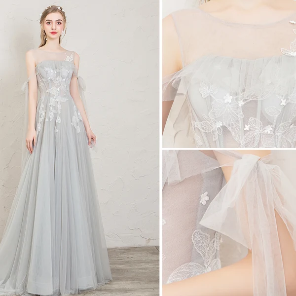 Elegant Grey Evening Dresses 2019 A-Line / Princess Scoop Neck Appliques Lace Flower Sleeveless Backless Floor-Length / Long Formal Dresses