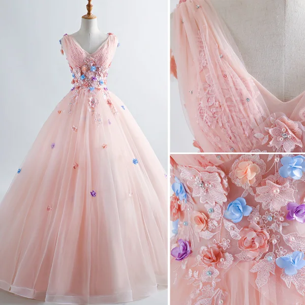 Elegant Pearl Pink Prom Dresses 2019 A-Line / Princess V-Neck Appliques Pearl Lace Flower Sleeveless Backless Floor-Length / Long Formal Dresses