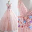 Elegant Pearl Pink Prom Dresses 2019 A-Line / Princess V-Neck Appliques Pearl Lace Flower Sleeveless Backless Floor-Length / Long Formal Dresses