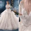 Fabulous Ivory Wedding Dresses 2019 A-Line / Princess V-Neck Pearl Appliques Lace Flower Short Sleeve Backless Royal Train
