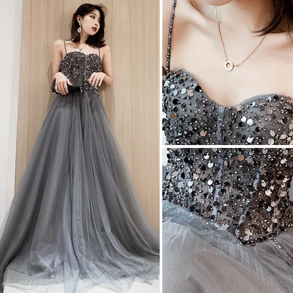 Modern Fashion Grey Evening Dresses 2019 A-Line Princess Spaghetti Straps Beading Sweep