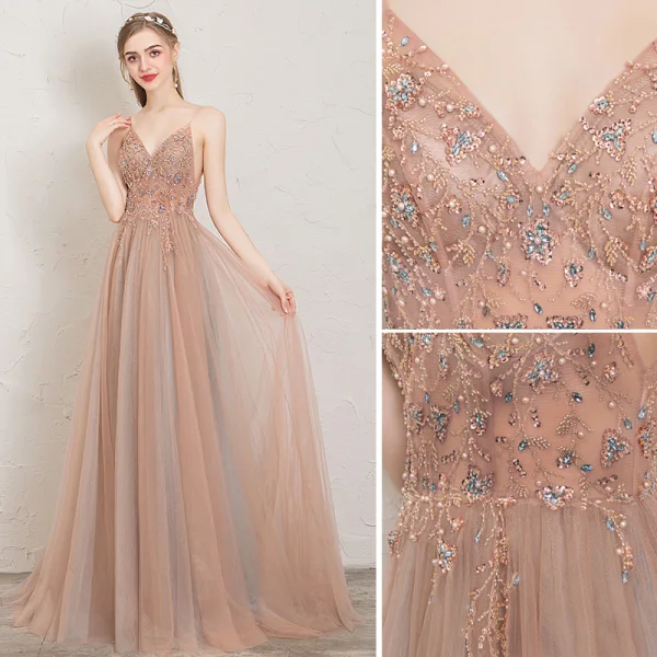 Schöne Pearl Rosa Abendkleider 2019 A Linie Spaghettiträger Perlenstickerei Kristall Perle Pailletten Ärmellos Rückenfreies Gespaltete Front Lange Festliche Kleider