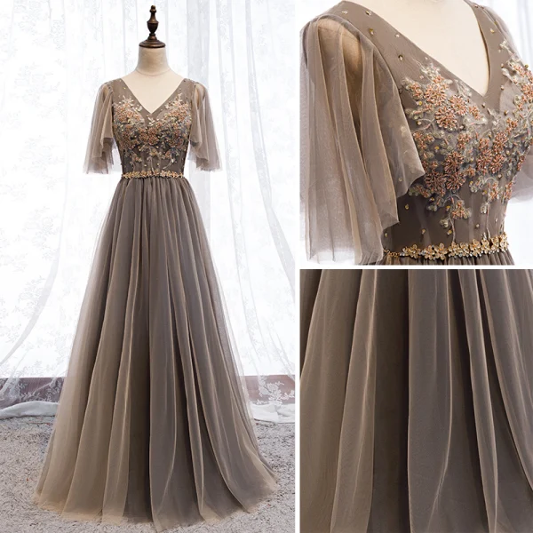 Elegant Brown Evening Dresses 2019 A-Line / Princess V-Neck Beading Rhinestone Sequins Lace Flower Short Sleeve Backless Floor-Length / Long Formal Dresses