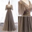 Elegant Brown Evening Dresses  2019 A-Line / Princess V-Neck Beading Rhinestone Sequins Lace Flower Short Sleeve Backless Floor-Length / Long Formal Dresses