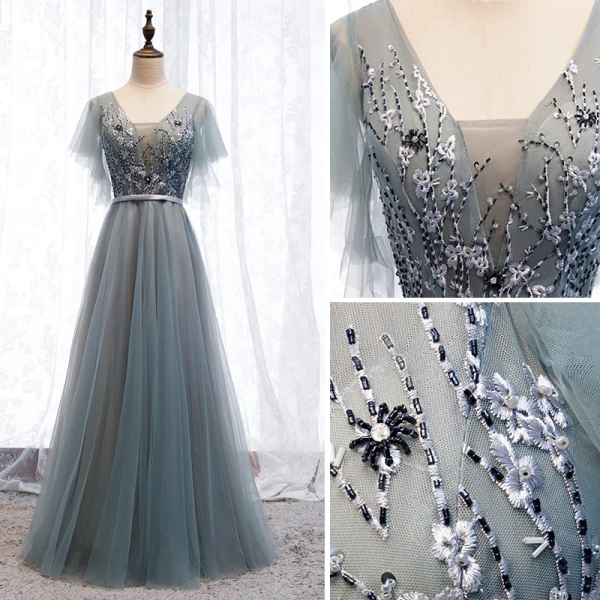 Elegant Grey Evening Dresses  2019 A-Line / Princess V-Neck Beading Sequins Lace Flower Sash Short Sleeve Backless Floor-Length / Long Formal Dresses