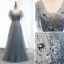 Elegant Grey Evening Dresses  2019 A-Line / Princess V-Neck Beading Sequins Lace Flower Sash Short Sleeve Backless Floor-Length / Long Formal Dresses