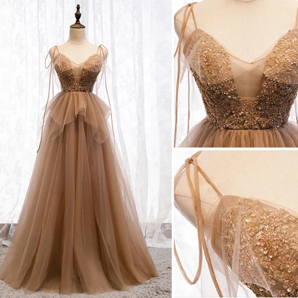 Modern / Fashion Brown Evening Dresses 2019 A-Line / Princess Spaghetti Straps Beading Sequins Lace Flower Sleeveless Backless Floor-Length / Long Formal Dresses