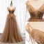 Modern / Fashion Brown Evening Dresses  2019 A-Line / Princess Spaghetti Straps Beading Sequins Lace Flower Sleeveless Backless Floor-Length / Long Formal Dresses