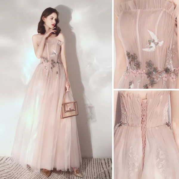 Élégant Rougissant Rose Robe De Soirée 2019 Princesse Volants Bustier En Dentelle Fleur Sans Manches Dos Nu Longueur Cheville Robe De Ceremonie
