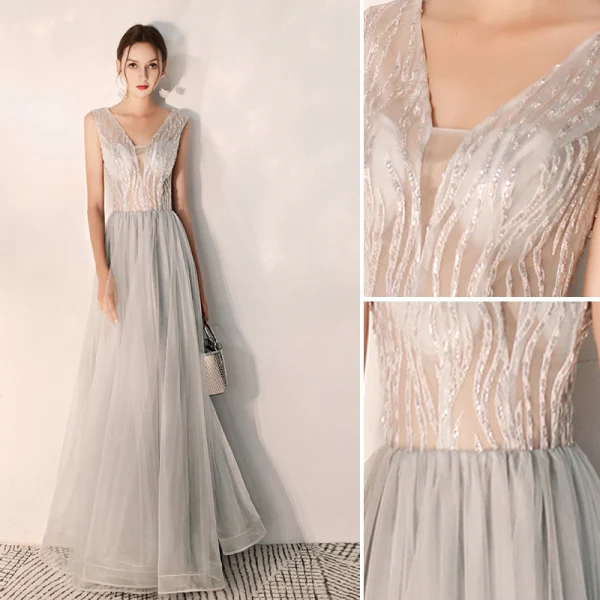 Classy Grey Evening Dresses 2019 A-Line / Princess V-Neck Beading Sleeveless Backless Floor-Length / Long Formal Dresses