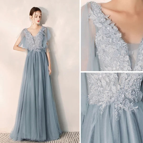 Elegant Sky Blue Evening Dresses  2019 A-Line / Princess V-Neck Beading Lace Flower Short Sleeve Backless Floor-Length / Long Formal Dresses