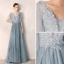 Elegant Sky Blue Evening Dresses  2019 A-Line / Princess V-Neck Beading Lace Flower Short Sleeve Backless Floor-Length / Long Formal Dresses