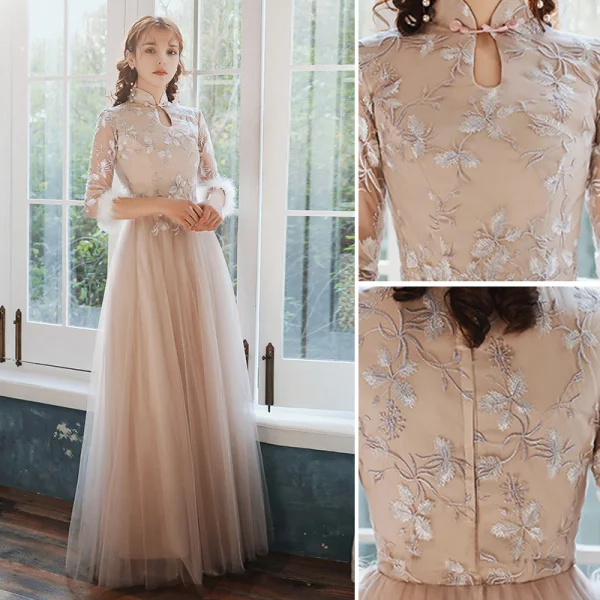 Chinese style Elegant Blushing Pink Embroidered Bridesmaid Dresses 2021 A-Line / Princess Scoop Neck 3/4 Sleeve Floor-Length / Long Wedding Party Dresses