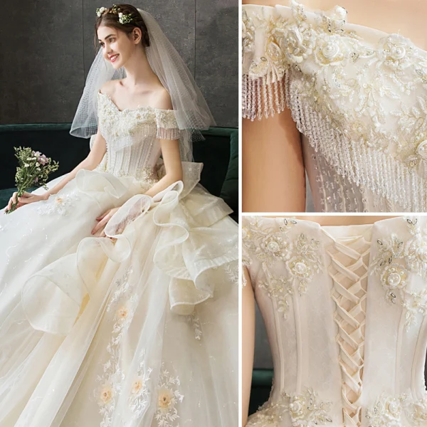 Luxury / Gorgeous Champagne Wedding Dresses 2019 Ball Gown Off-The-Shoulder Beading Pearl Crystal Tassel Lace Flower Short Sleeve Backless Cascading Ruffles Cathedral Train