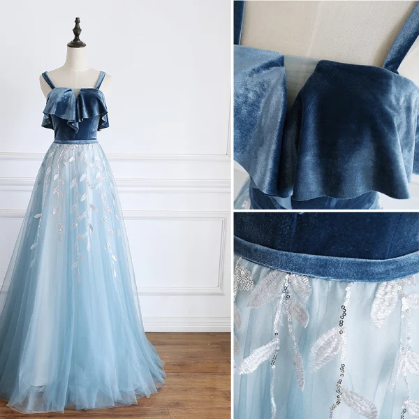 Modern / Fashion Pool Blue Prom Dresses 2019 A-Line / Princess Suede Spaghetti Straps Sequins Lace Flower Sleeveless Backless Floor-Length / Long Formal Dresses