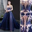 Fine Kongeblå Ballkjoler 2023 Prinsesse Kjæreste Beading Krystall Blonder Blomst Uten Ermer Ryggløse Domstol Tog Formelle Kjoler