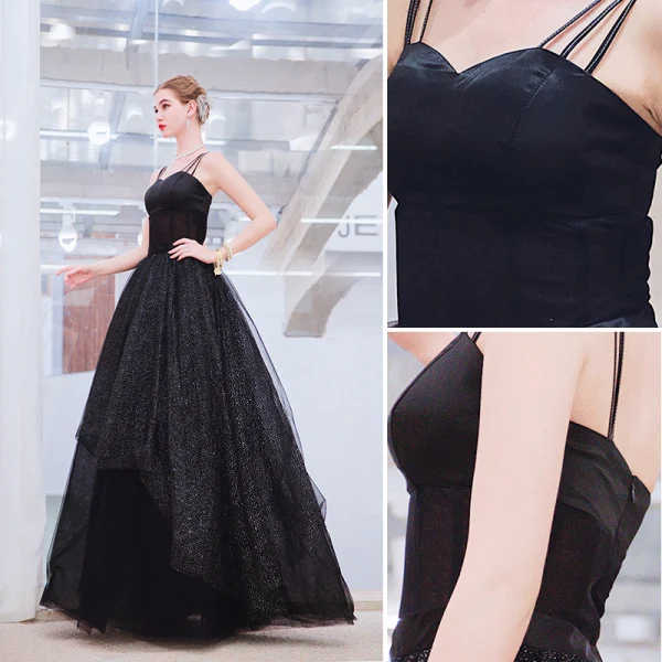 Chic / Belle Noire Robe De Bal 2019 Princesse Bretelles Spaghetti Sans Manches Dos Nu Paillettes Longue Robe De Ceremonie