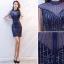 Chic / Belle Bleu Marine Robe De Soirée 2019 Trompette / Sirène Encolure Dégagée Perlage Gland Paillettes Sans Manches Courte Robe De Ceremonie