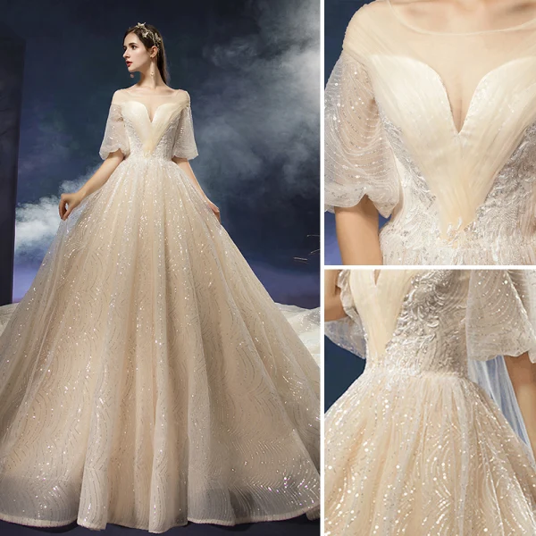 Charmant Champagne Robe De Mariée 2019 Princesse Encolure Dégagée En Dentelle Fleur Perlage Paillettes 1/2 Manches Dos Nu Cathedral Train Mariage