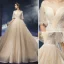 Charmant Champagne Robe De Mariée 2019 Princesse Encolure Dégagée En Dentelle Fleur Perlage Paillettes 1/2 Manches Dos Nu Cathedral Train Mariage