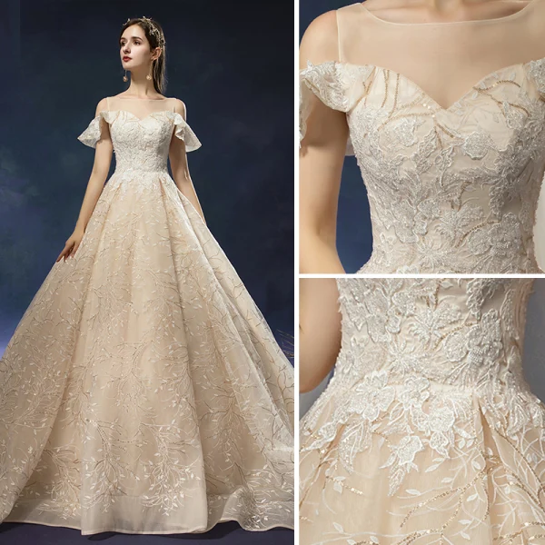 Charmant Champagne Robe De Mariée 2019 Princesse Encolure Dégagée Paillettes En Dentelle Fleur Sans Manches Dos Nu Cathedral Train