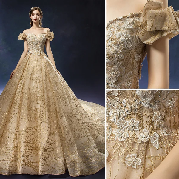 Luxe Champagne Robe De Mariée 2019 Princesse De l'épaule Perlage Perle Paillettes En Dentelle Fleur Manches Courtes Dos Nu Royal Train