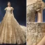 Luxe Champagne Robe De Mariée 2019 Princesse De l'épaule Perlage Perle Paillettes En Dentelle Fleur Manches Courtes Dos Nu Royal Train