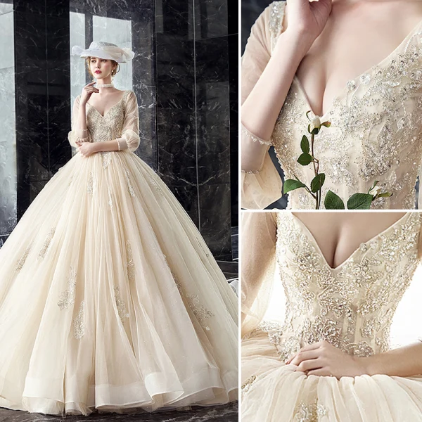 Luxe Champagne Robe De Mariée 2019 Princesse V-Cou Perlage Paillettes En Dentelle Fleur 3/4 Manches Dos Nu Cathedral Train